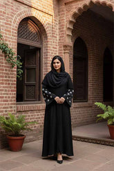 Moon Flower Black Abaya | Embroidery Front-open